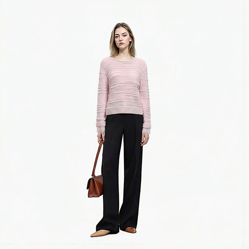 Women's Custom Pink Round Neck Long Sleeve Alpaca Knit Sweater | OEM/ODM Knitwear Manufacturer