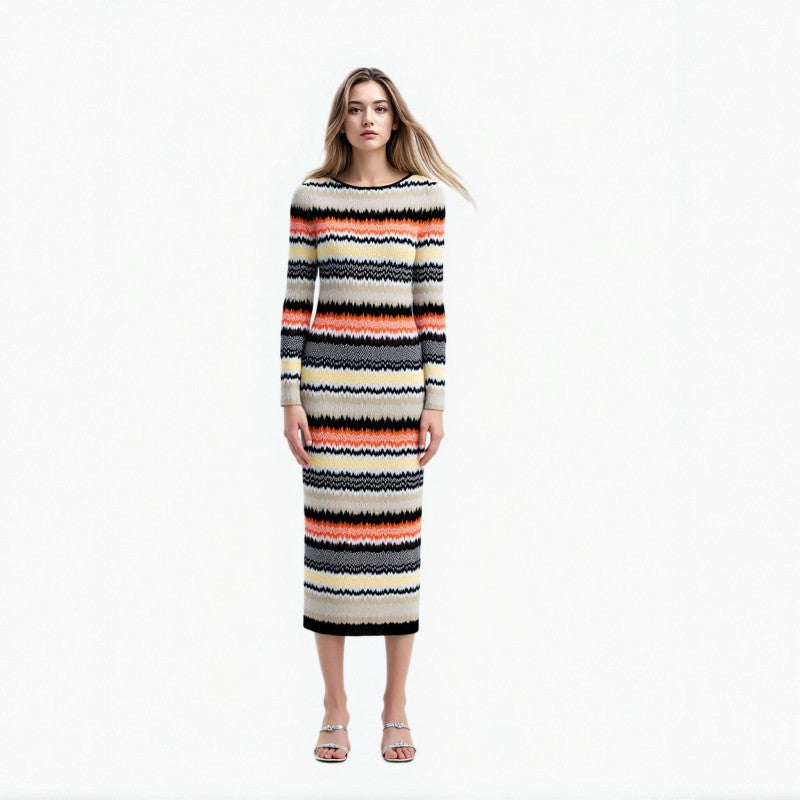 Women's Custom Round Neck Long Sleeve Knit Dress | CaiNan