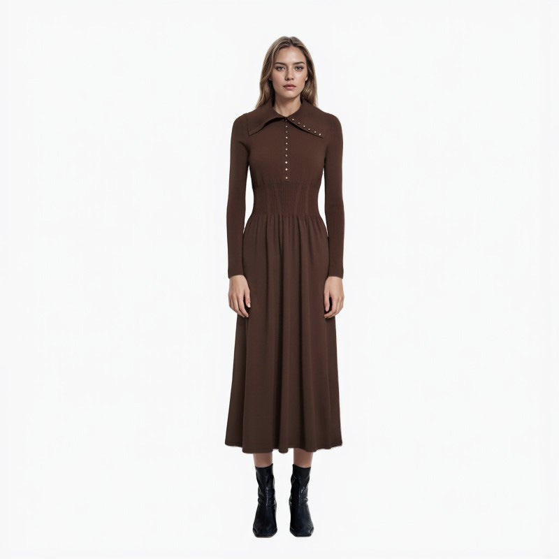 Coffee Lapel Long Sleeve Knit Dress Wool
