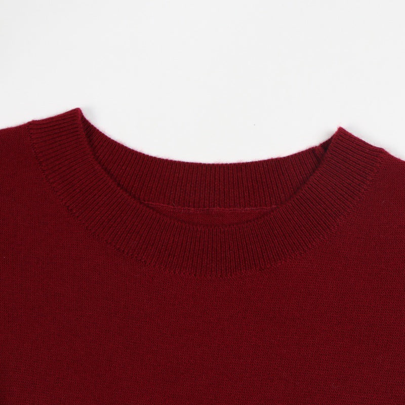 Women's Custom Burgundy Round Neck Short Sleeve Wool Knit Dress | OEM/ODM Knitwear Manufacturer