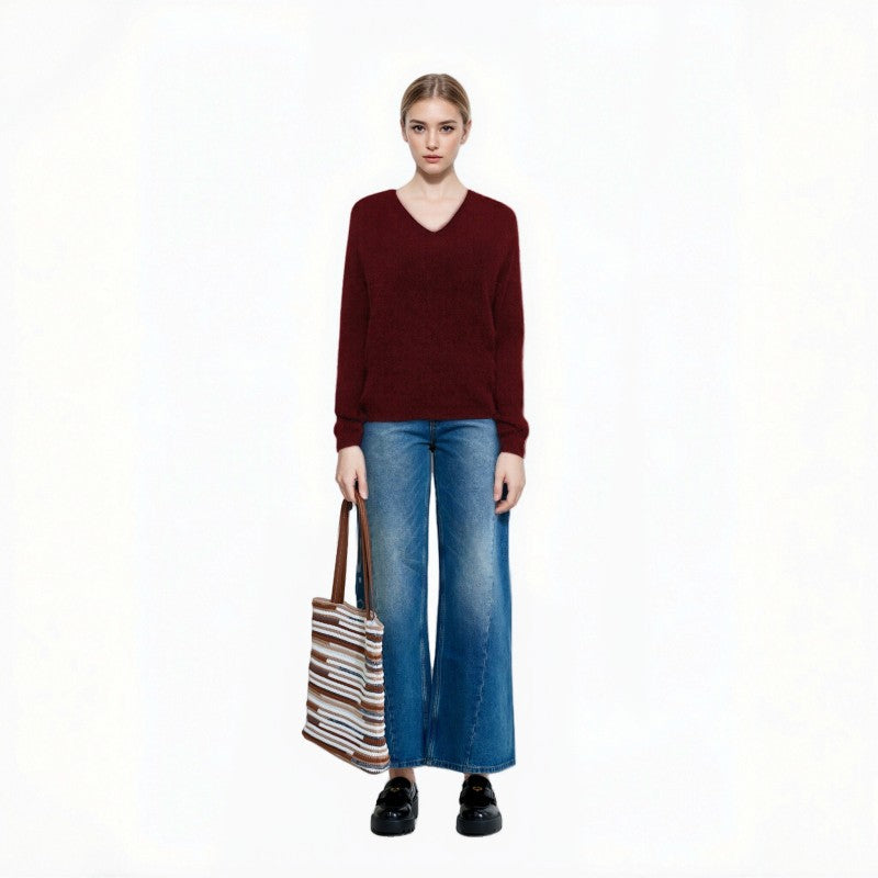 Women's Custom Burgundy V-Neck Slim Fit Long Sleeve Wool Knit Sweater | OEM/ODM Knitwear Manufacturer