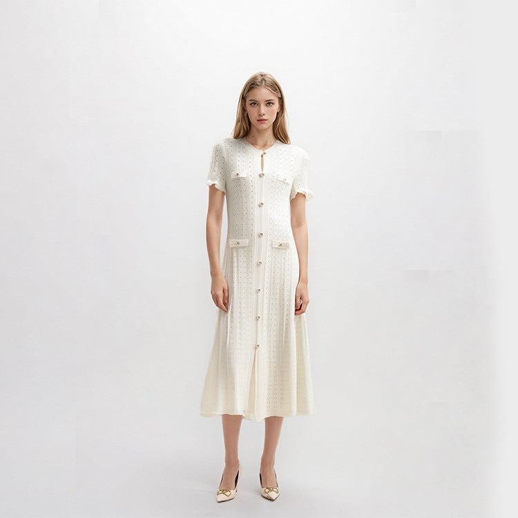 Women's Custom White Round Neck Short Sleeve Knit Dress | OEM/ODM Knitwear Manufacturer