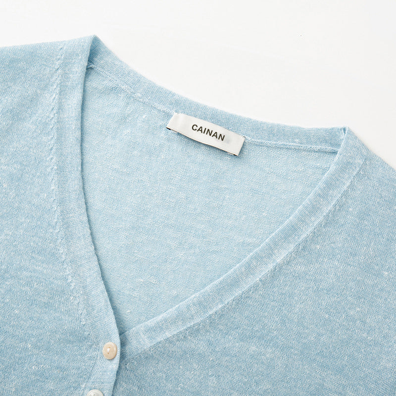 Women's Custom Blue V-Neck Short Sleeve Button-Front Wool Knit Cardigan | OEM/ODM Knitwear Manufacturer