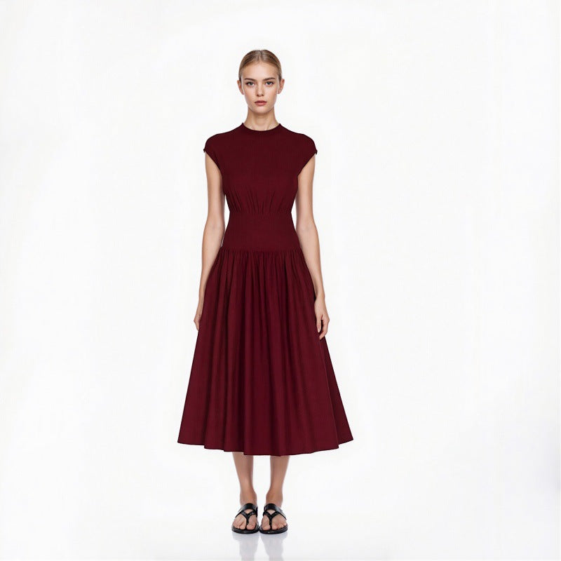 Women's Custom Burgundy Round Neck Short Sleeve Wool Knit Dress | OEM/ODM Knitwear Manufacturer