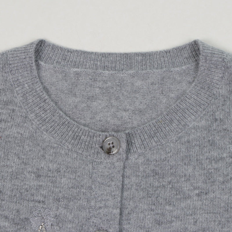 Gray Round Neck Long Sleeve Knit Cardigan Wool