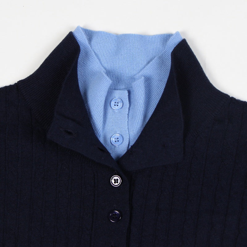 Women's Custom Blue High Neck Long Sleeve Wool Knit Sweater | OEM/ODM Knitwear Manufacturer