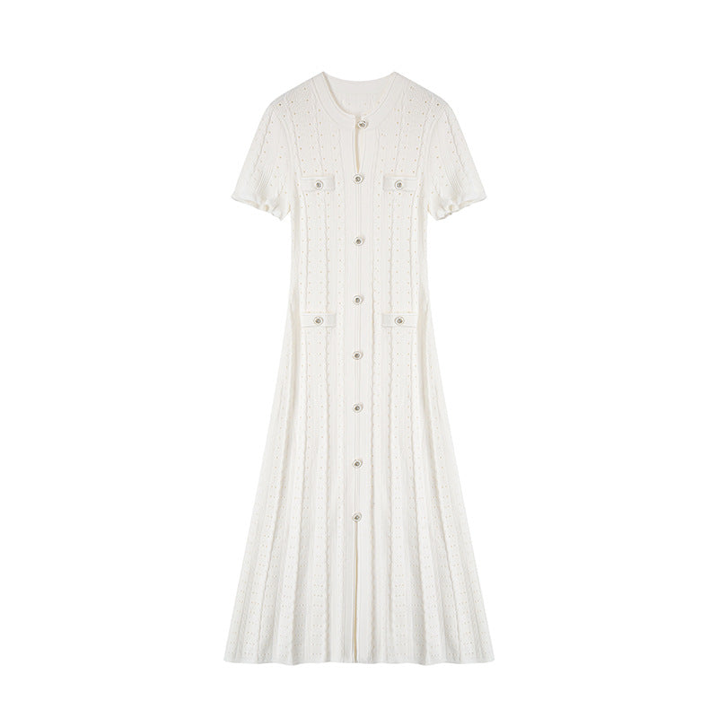 Women's Custom White Round Neck Short Sleeve Knit Dress | OEM/ODM Knitwear Manufacturer