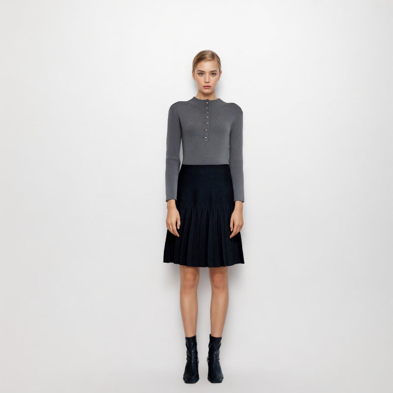 Women's Custom Black & Dark Gray Round Neck Long Sleeve Wool Knit Sweater | OEM/ODM Knitwear Manufacturer