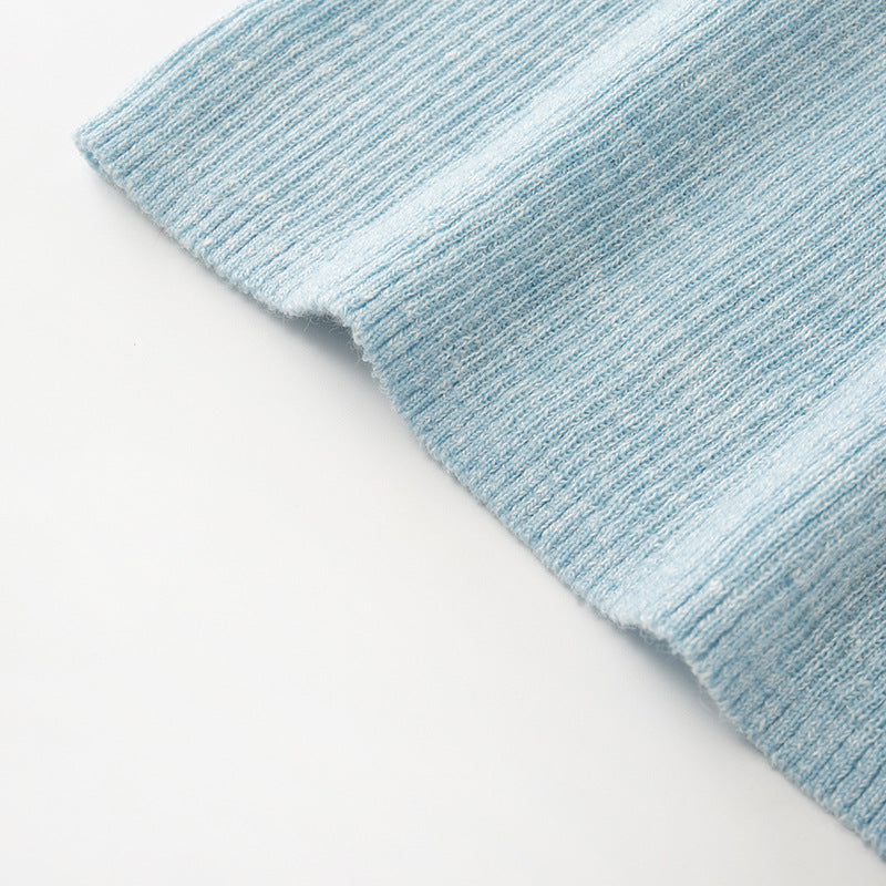 Women's Custom Blue V-Neck Short Sleeve Wool Knit Sweater | OEM/ODM Knitwear Manufacturer