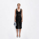 Load image into Gallery viewer, Women's Custom Black V-Neck Button-Front Mesh Knit Maxi Dress | OEM/ODM Knitwear Manufacturer