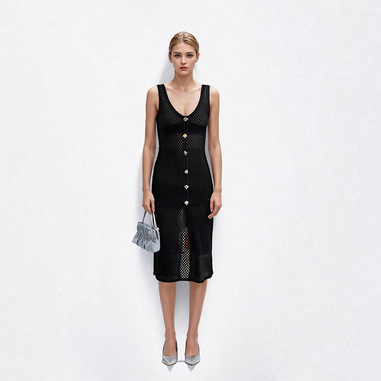 Women's Custom Black V-Neck Button-Front Mesh Knit Maxi Dress | OEM/ODM Knitwear Manufacturer