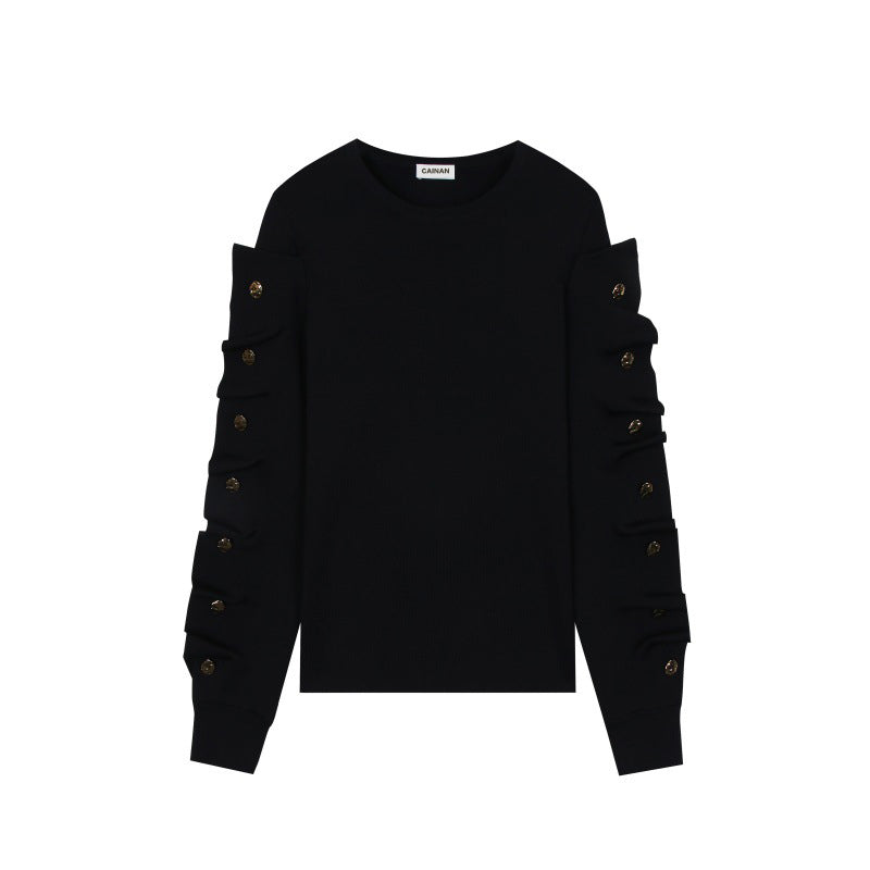 Black Round Neck Long Sleeve Knit Sweater Wool