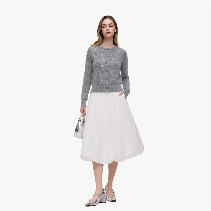 Gray Round Neck Long Sleeve Knit Cardigan Wool