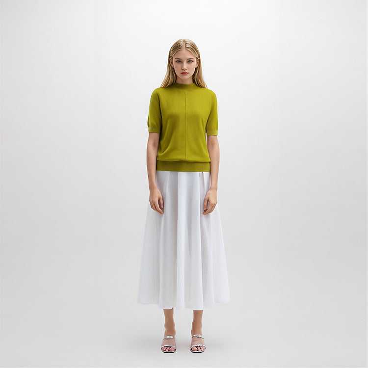 Women's Custom Yellow Round Neck Short Sleeve Knit Sweater | OEM/ODM Knitwear Manufacturer