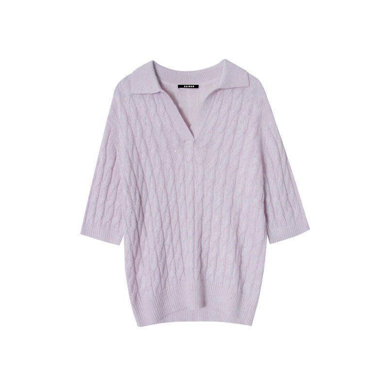 Pink Lapel Short Sleeve Knit Sweater Wool