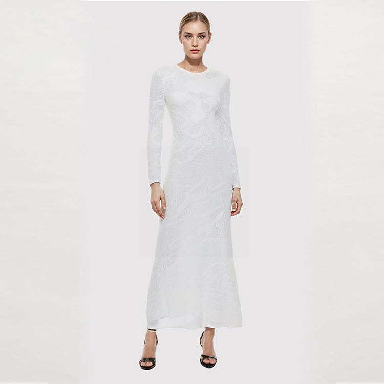 White Round Neck Long Sleeve Midi Length