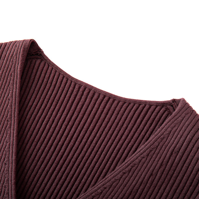 Women's Custom Burgundy V-Neck Long Sleeve Wool Knit Sweater | OEM/ODM Knitwear Manufacturer