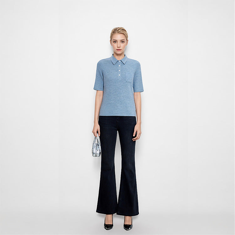 Women's Custom Blue Polo Collar Short Sleeve Wool Knit Sweater | OEM/ODM Knitwear Manufacturer