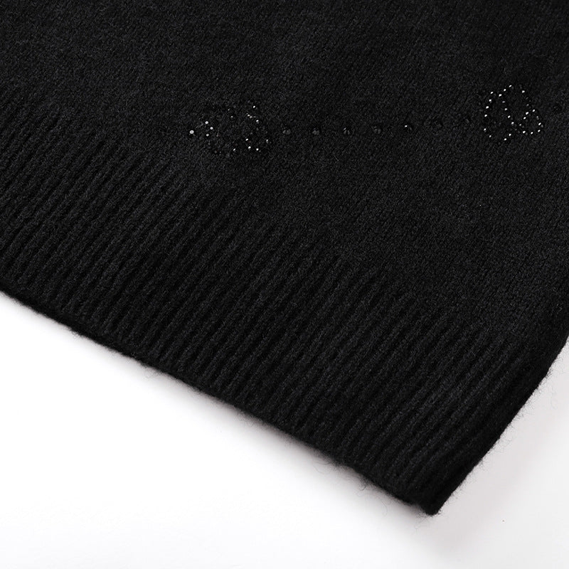Women's Custom Black Round Neck Long Sleeve Wool Knit Sweater | OEM/ODM Knitwear Manufacturer