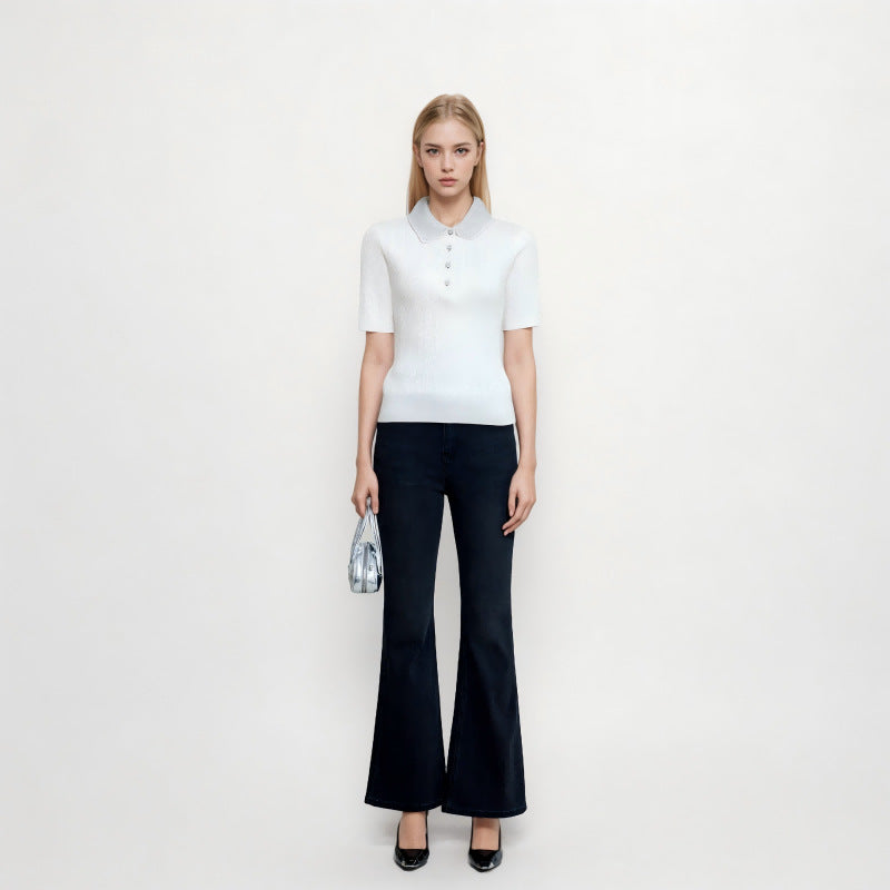 Women's Custom White Polo Collar Short Sleeve Wool Sweater