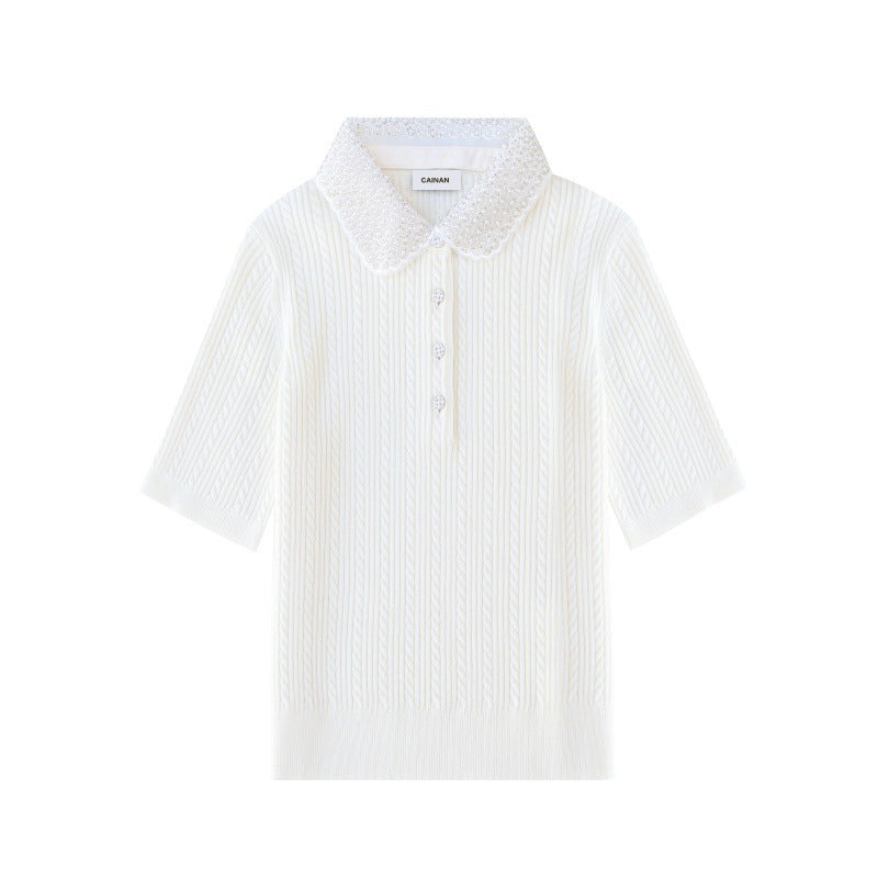 Women's Custom White Polo Collar Short Sleeve Wool Sweater