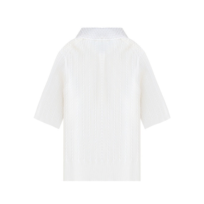 Women's Custom White Polo Collar Short Sleeve Wool Sweater