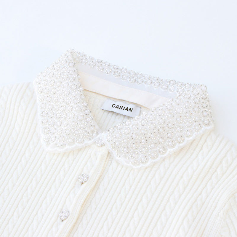 Women's Custom White Polo Collar Short Sleeve Wool Sweater