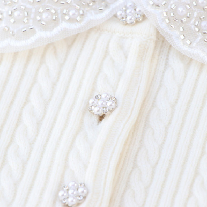 Women's Custom White Polo Collar Short Sleeve Wool Sweater