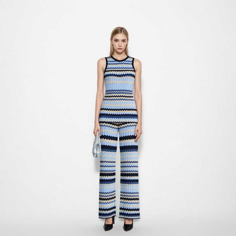 Women's Custom Striped Round Neck Sleeveless Knit Top & Pants Set