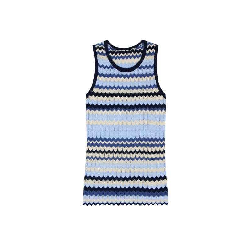 Women's Custom Striped Round Neck Sleeveless Knit Top & Pants Set