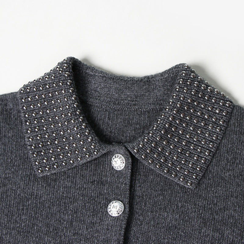 Women's Custom Gray Polo Collar Long Sleeve Wool Knit Sweater