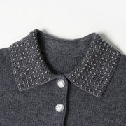 Women's Custom Gray Polo Collar Long Sleeve Wool Knit Sweater