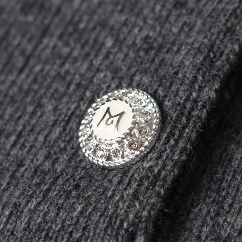 Women's Custom Gray Polo Collar Long Sleeve Wool Knit Sweater