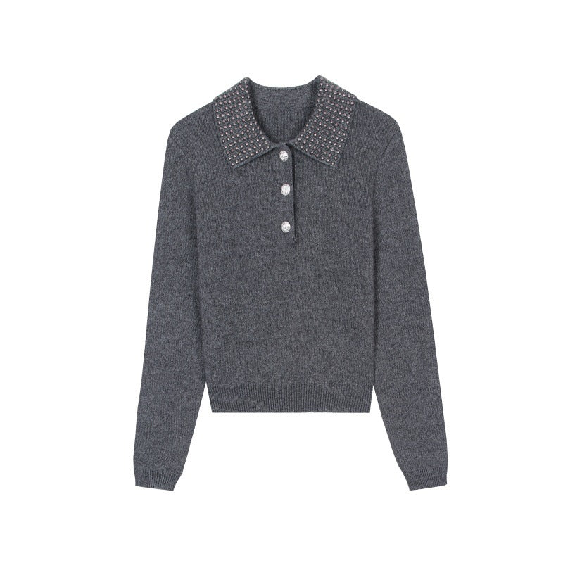 Women's Custom Gray Polo Collar Long Sleeve Wool Knit Sweater