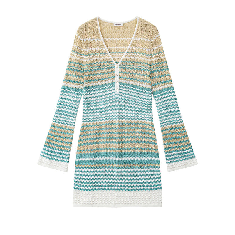 Women's Custom Sky Blue Striped V-Neck Long Sleeve Knit Dress