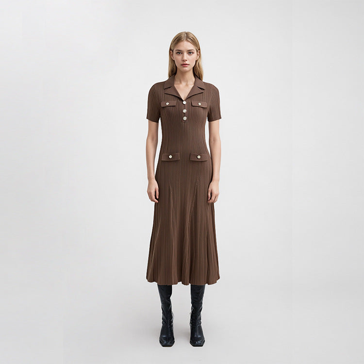 Women's Custom Brown V-Neck Short Sleeve Knit Dress