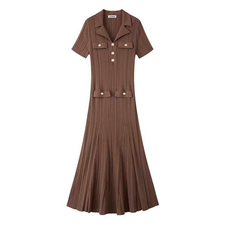 Women's Custom Brown V-Neck Short Sleeve Knit Dress