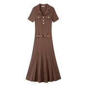 Women's Custom Brown V-Neck Short Sleeve Knit Dress