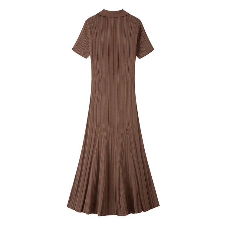 Women's Custom Brown V-Neck Short Sleeve Knit Dress