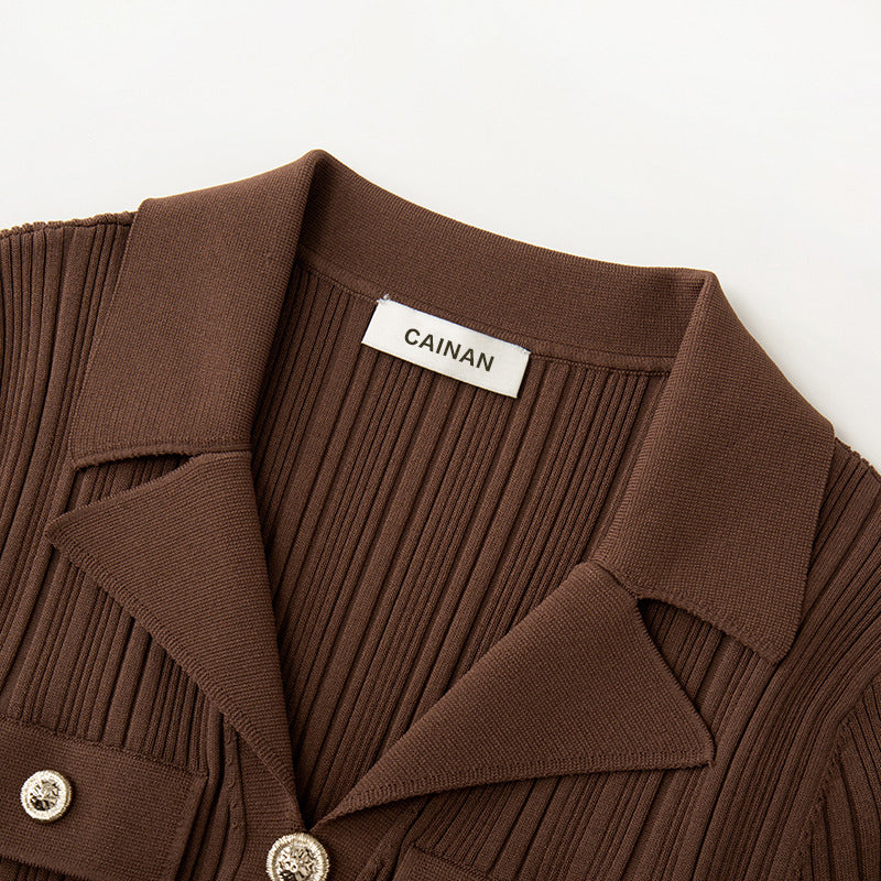 Women's Custom Brown V-Neck Short Sleeve Knit Dress