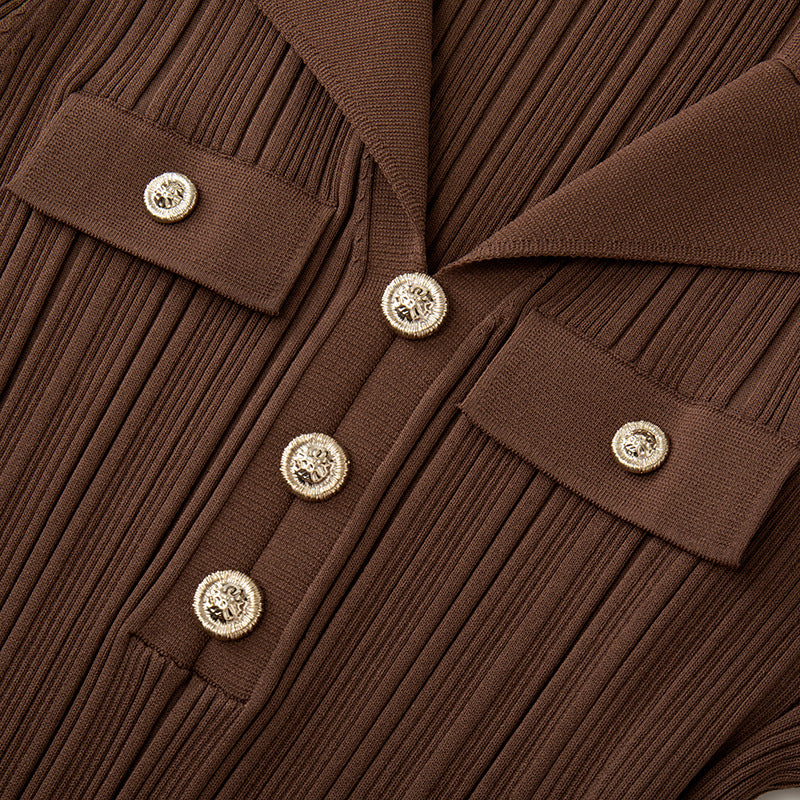 Women's Custom Brown V-Neck Short Sleeve Knit Dress