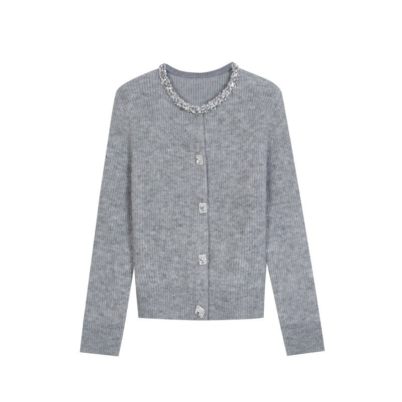 Women's Custom Gray Round Neck Long Sleeve Wool Knit Sweater