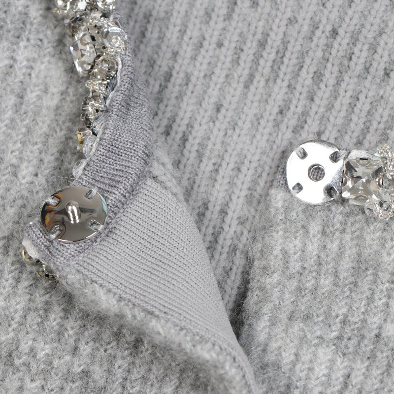 Women's Custom Gray Round Neck Long Sleeve Wool Knit Sweater