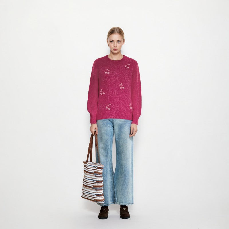 Women's Custom Pink Round Neck Long Sleeve Wool Knit Sweater | OEM/ODM Knitwear Manufacturer