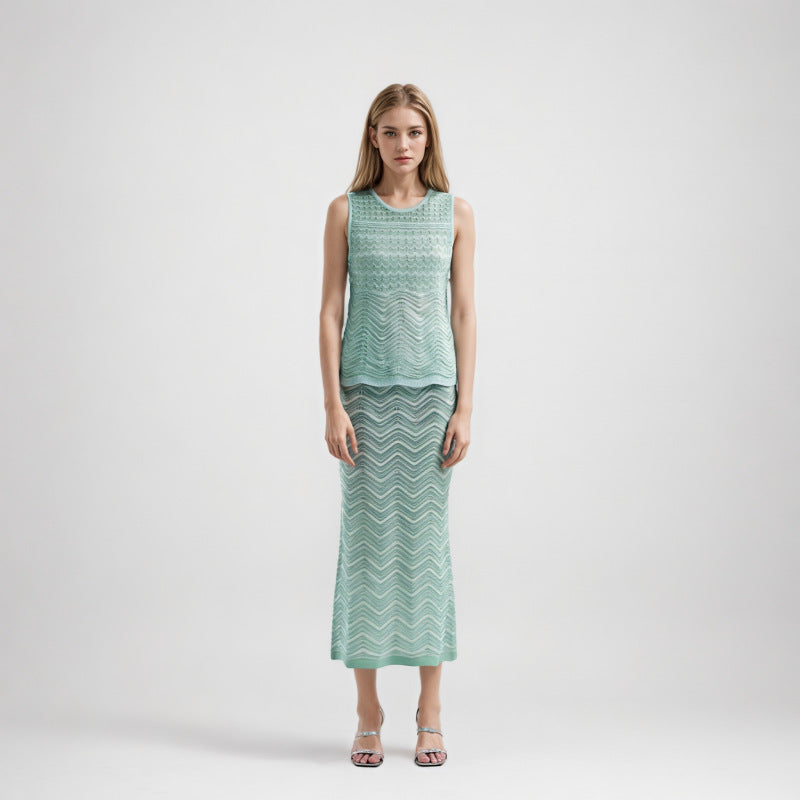 Women's Custom Light Blue Knit Top & Dress Set | OEM/ODM Knitwear Manufacturer