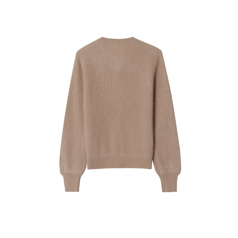 Brown Round Neck Long Sleeve Knit Cardigan Wool