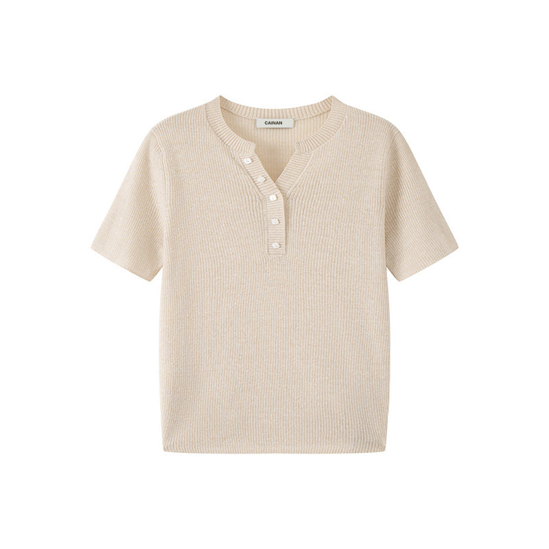 Women's Custom Blue V-Neck Short Sleeve Wool Knit Sweater | OEM/ODM Knitwear Manufacturer