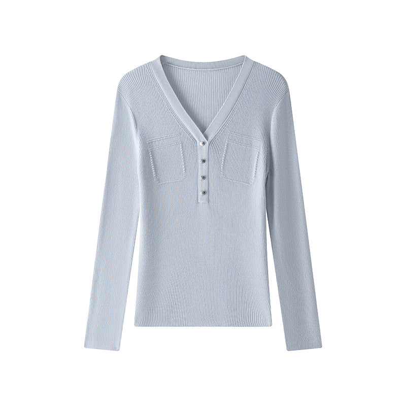 V Neck Long Sleeve Knit Sweater Wool