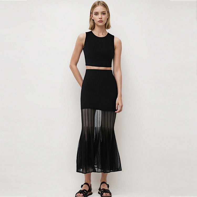 Black Round Neck Sleeveless Knit Skirt