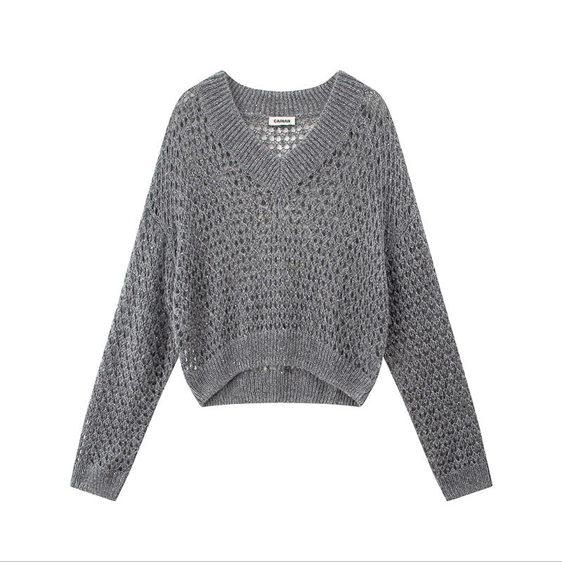 Women's Custom Gray V-Neck Long Sleeve Knit Sweater | OEM/ODM Knitwear Manufacturer